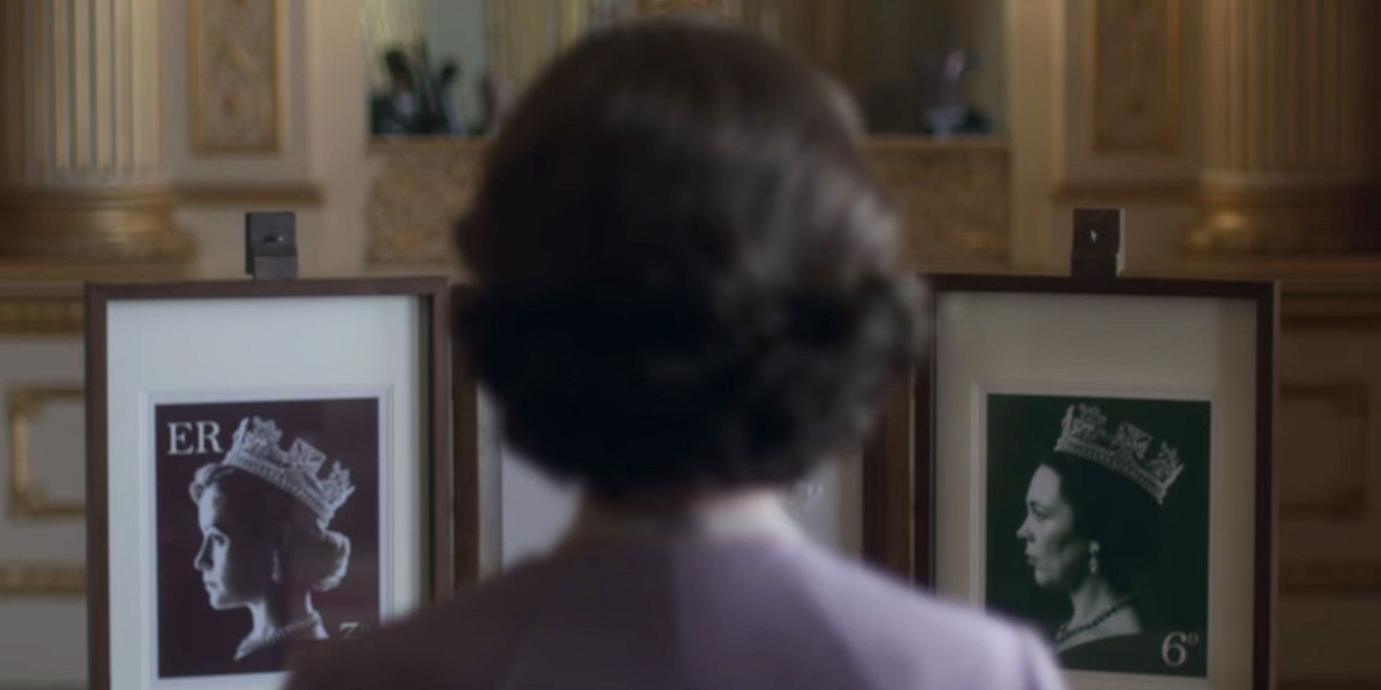 Queen Elizabeth II being shown the new stamps in The Crown 