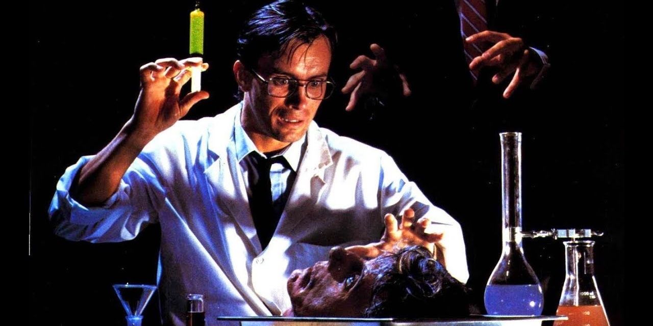 An image of Jeffrey Combs as Hebert West from the film Re-Animator.