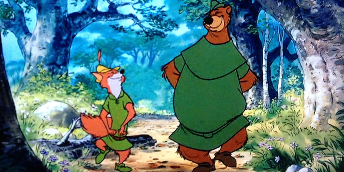 Disney Robin Hood and Little John walking through the forest.