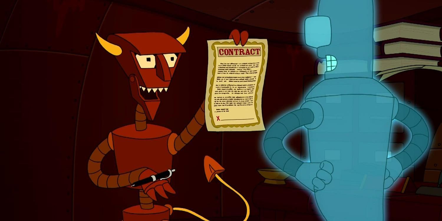 Robot Devil holds up a contract to bender’s spirit