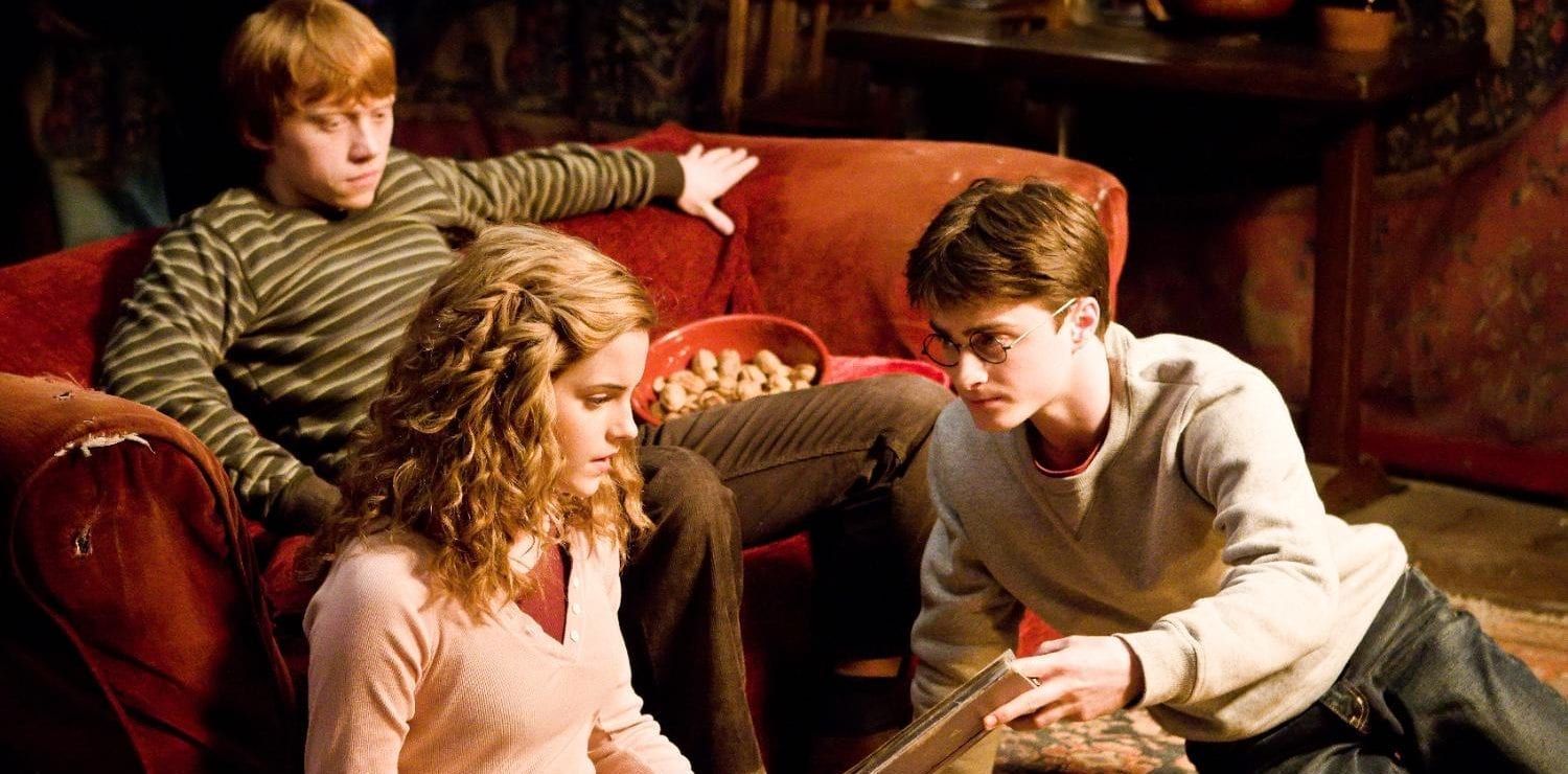 Rupert Grint as Ron Weasley, Emma Watson as Hemione Granger, Daniel Radcliffe as Harry Potter-Half Blood Prince Book