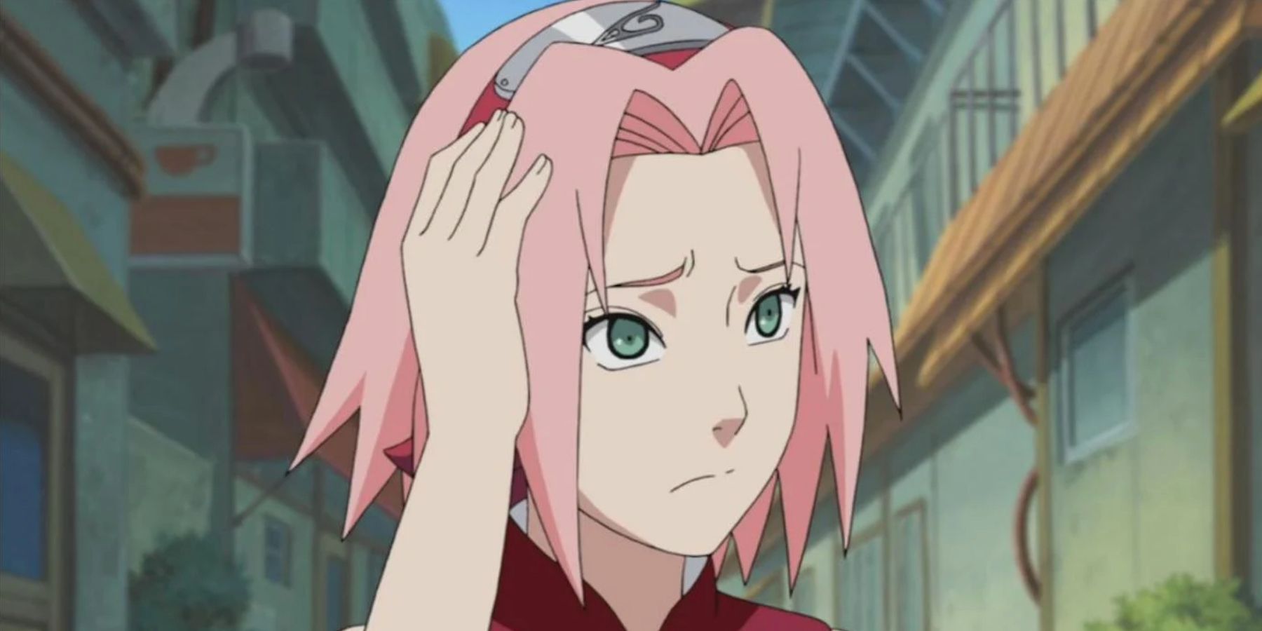 Sakura Haruno rubs her head in confusion in Naruto