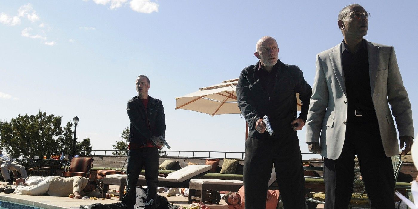 Gus, Jesse and Mike after killing men by the pool
