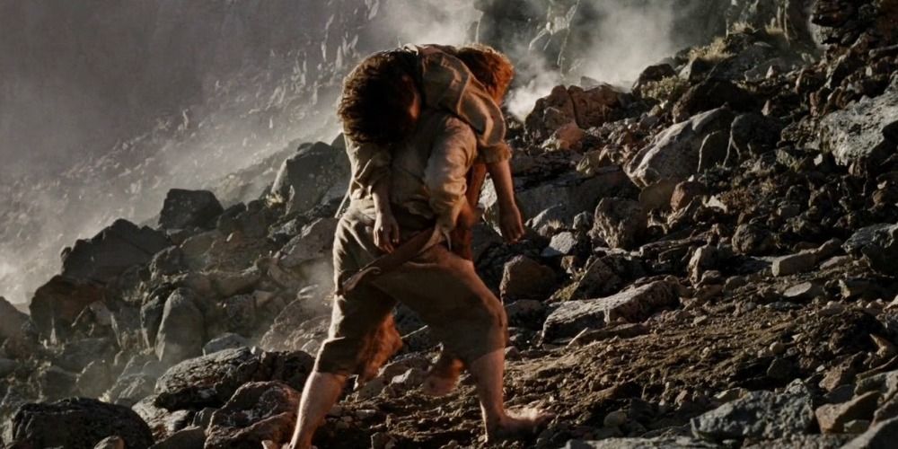 Sam carries Frodo up the slopes of Mount Doom in The Lord of the Rings