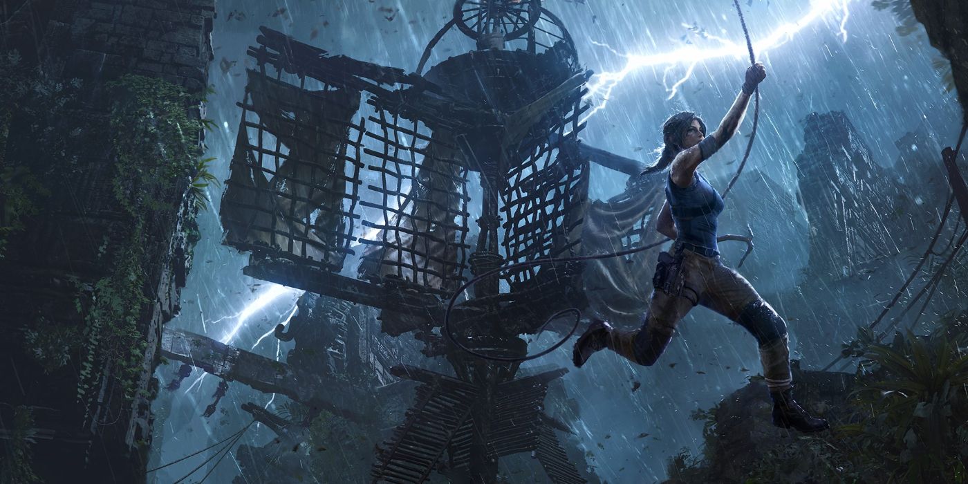 Lara Croft leaps across a chasm in Tomb Raider Definitive Edition 