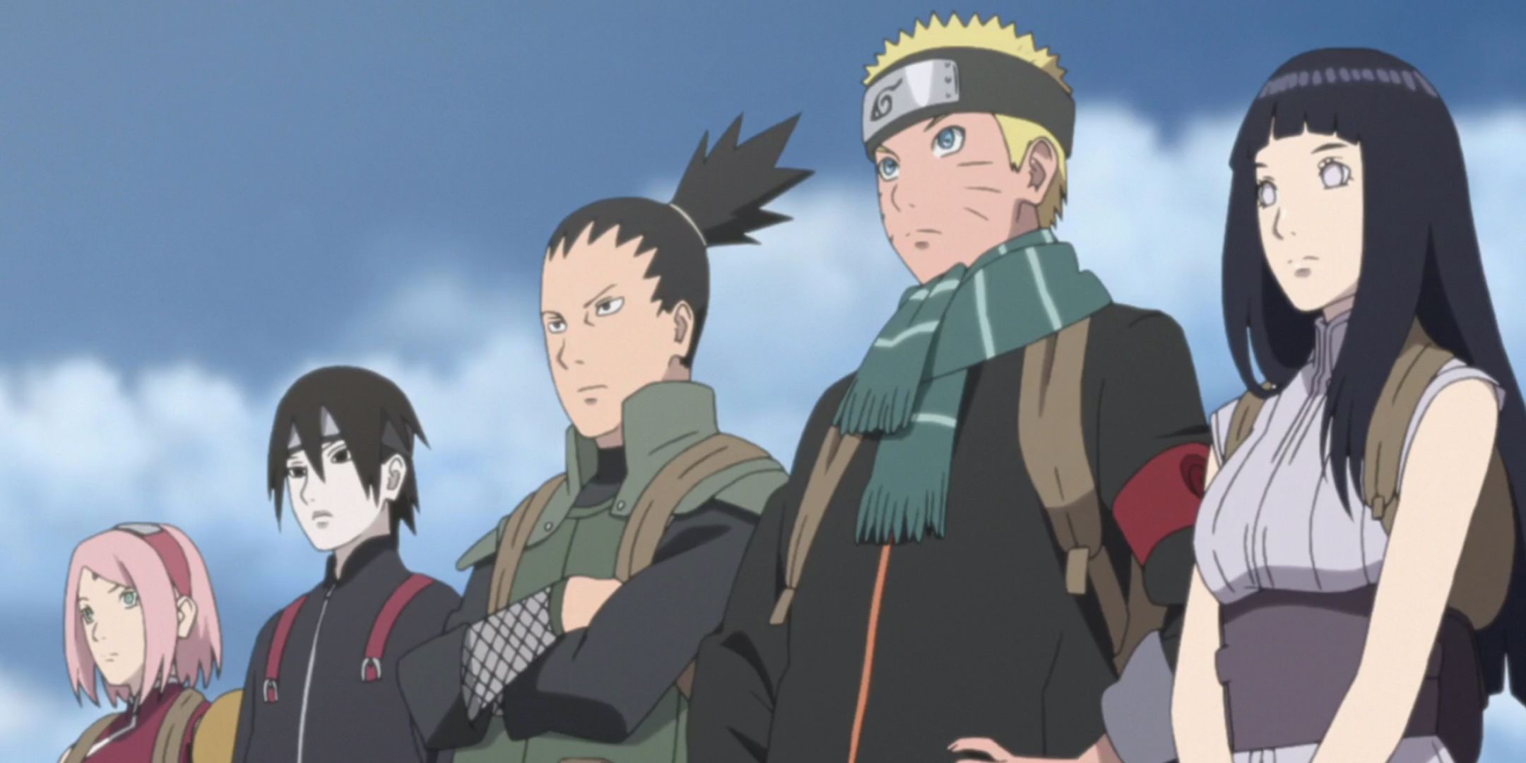 Sakura, Sai, Shikamaru, Naruto, and Hinata stand together ready to depart to rescue Hanabi in The Last: Naruto The Movie