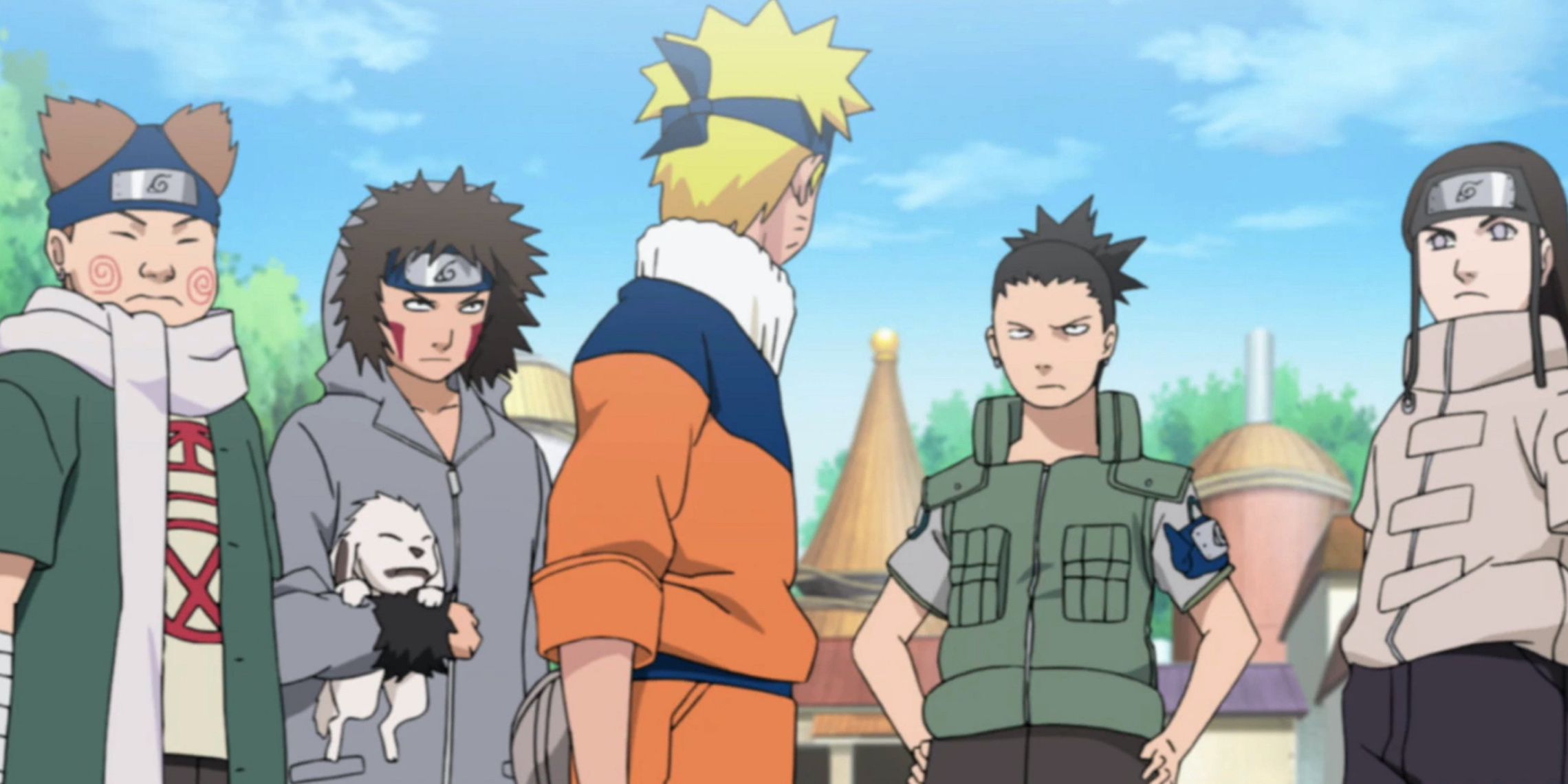 Naruto looks back at the rest of the Sasuke Recovery Team, Choji, Kiba, Shikamaru, and Neji, in Naruto