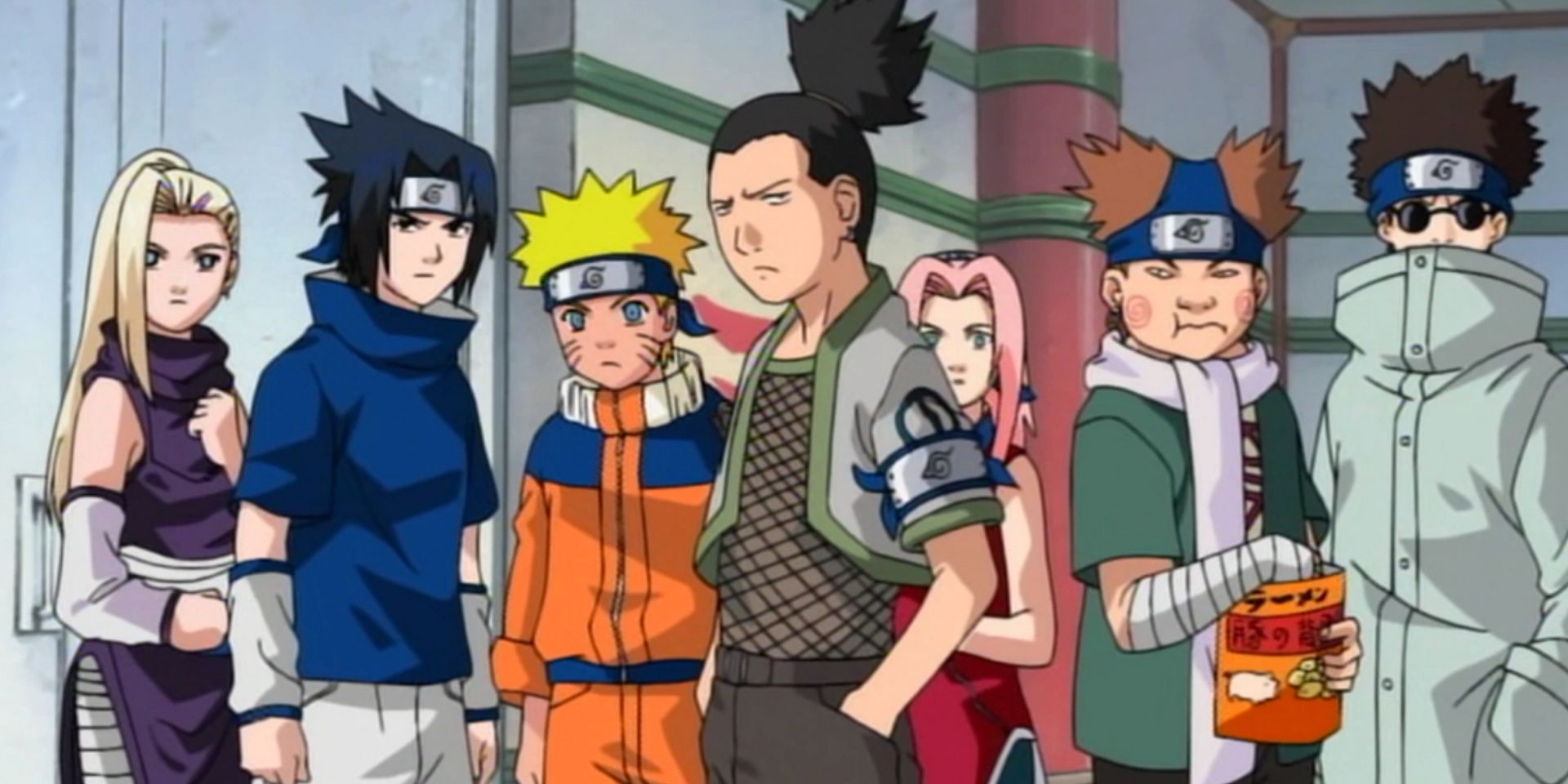 Ino, Sasuke, Naruto, Shikamaru, Sakura, Choji, and Shino before their Chunin exams in the original Naruto anime