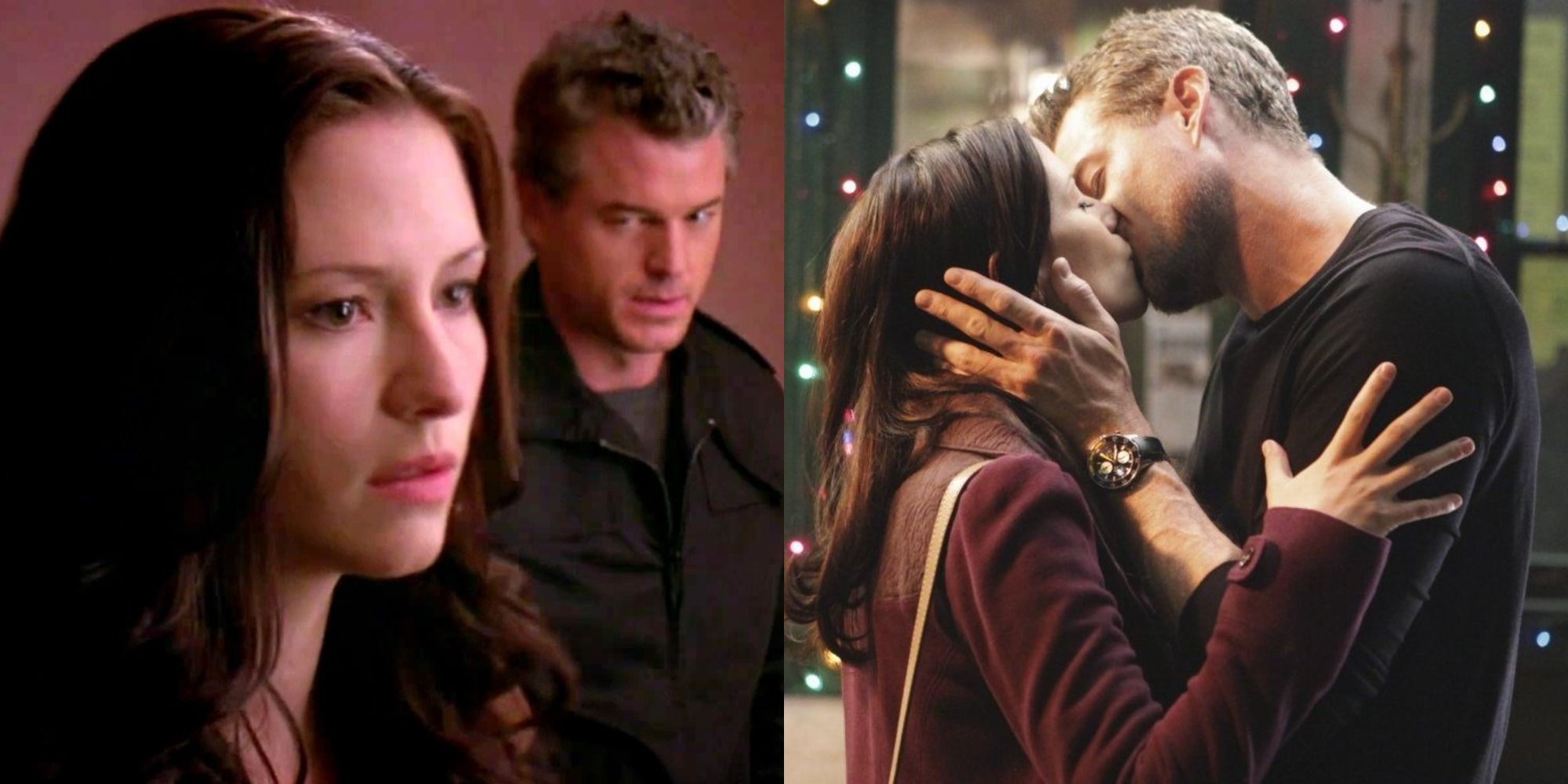 Imágenes una al lado de la otra de Lexie y Mark luciendo preocupados y besándose en Grey's Anatomy