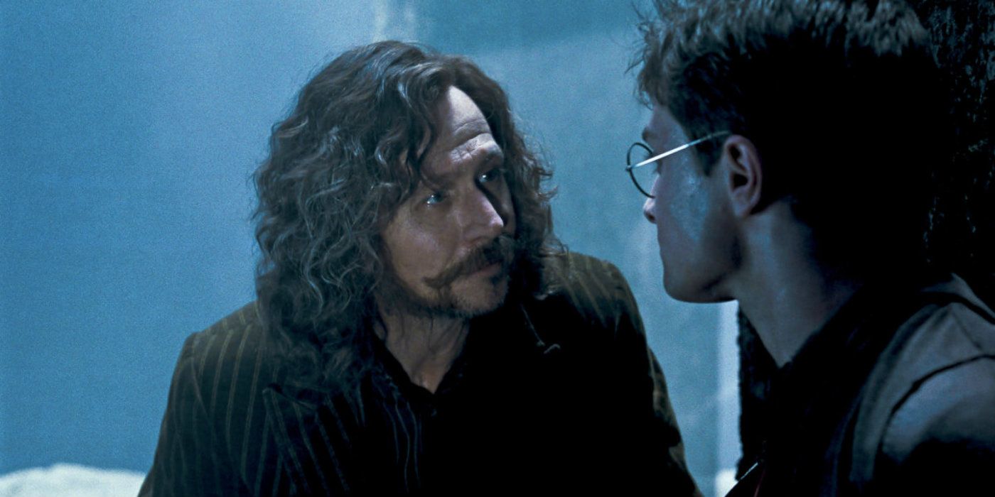 Sirius Black se ajoelha e conversa com Harry Potter em Ordem da Fênix