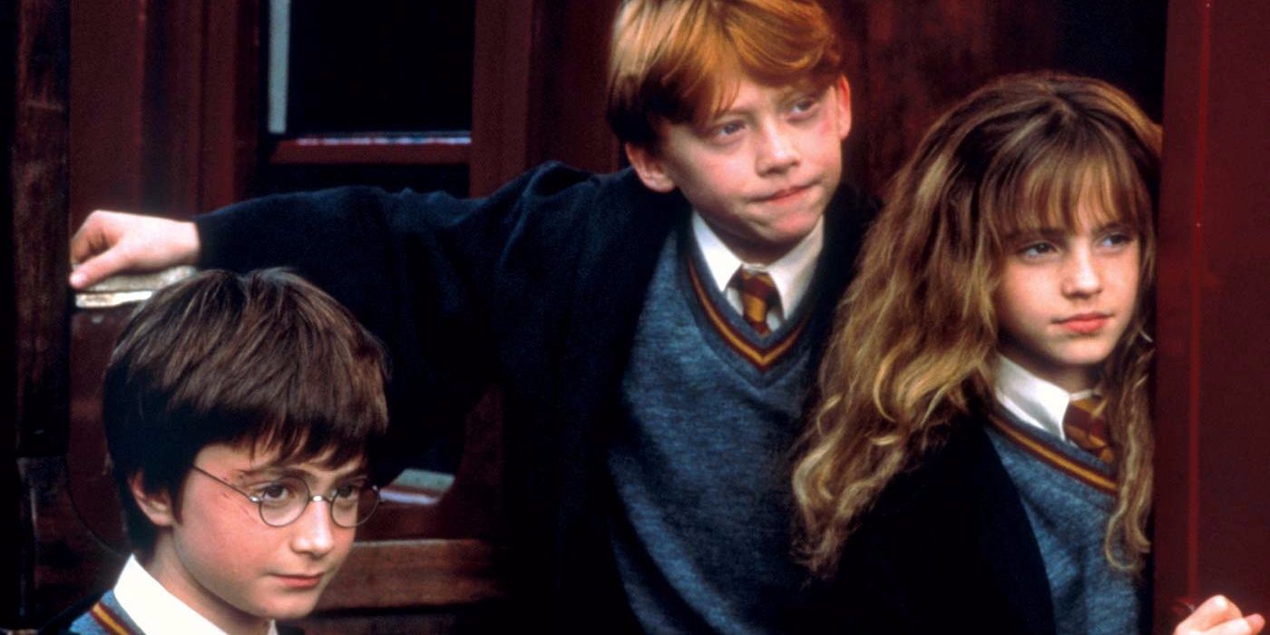 Harry Potter with Ron and Hermione in Sorcerer's Stone.