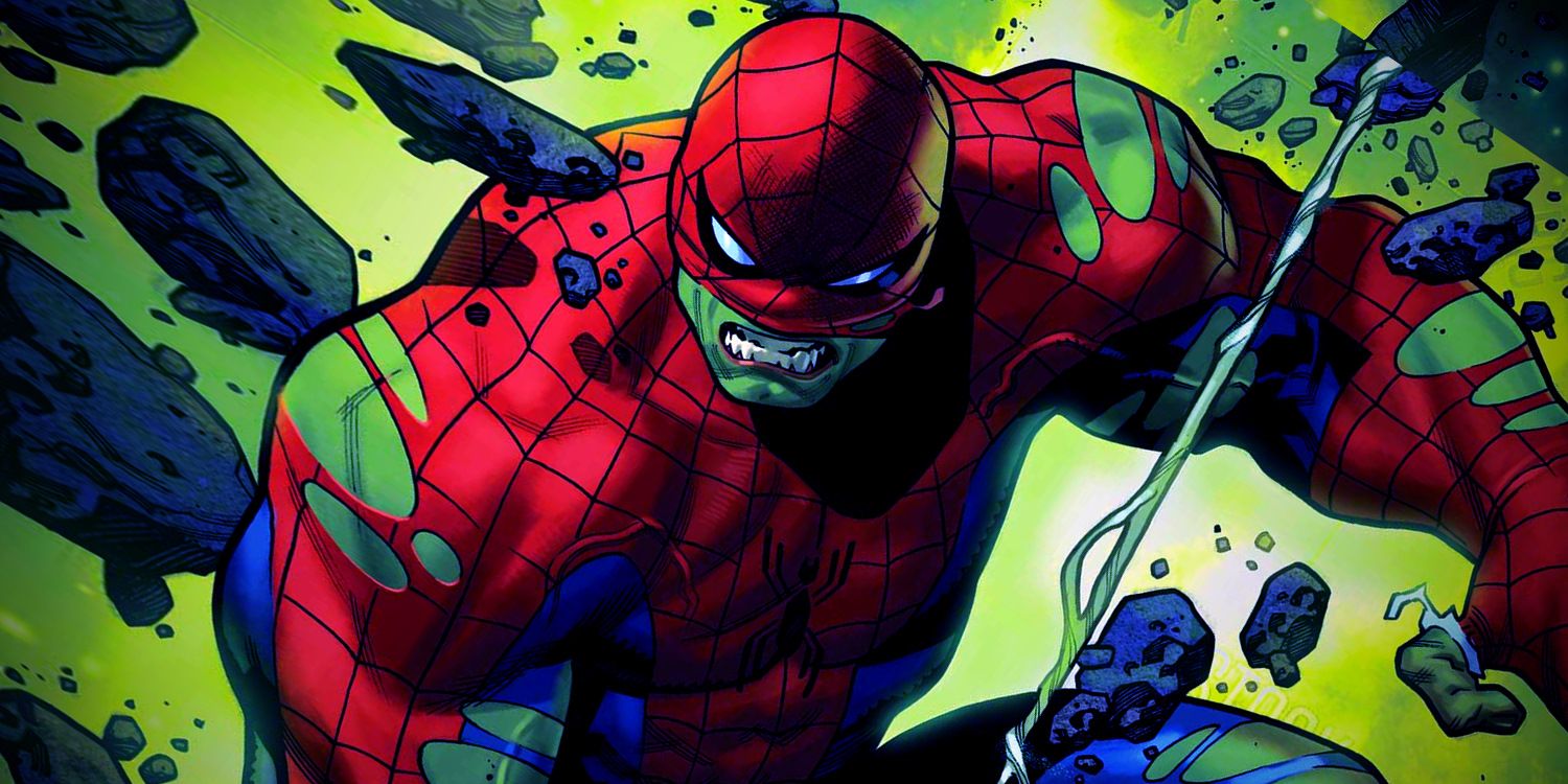 Spider-Hulk smashes through a wall in Marvel Comics.