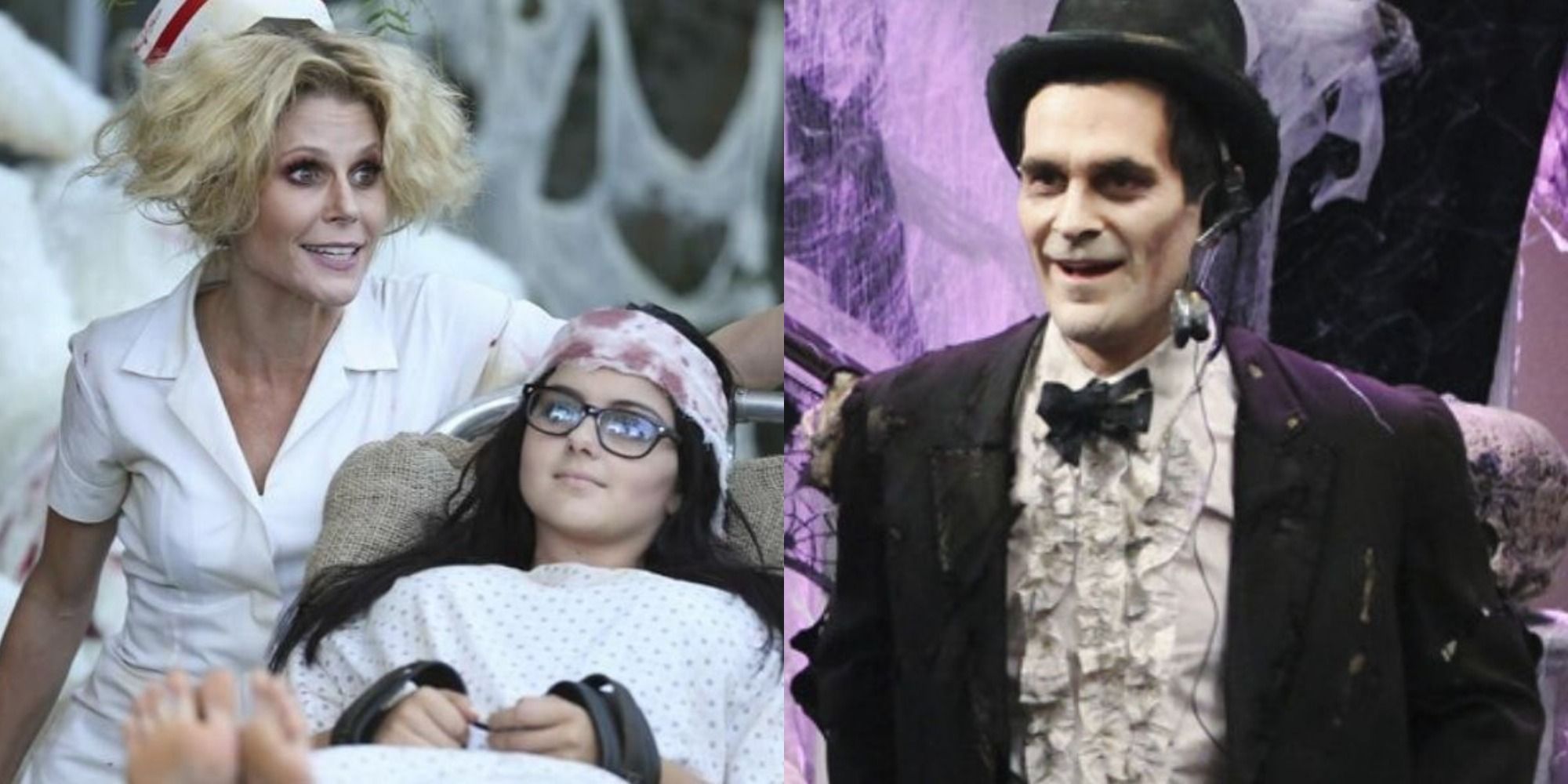 Split image of Claire Alex and Phil in Halloween costumes on Modern Family