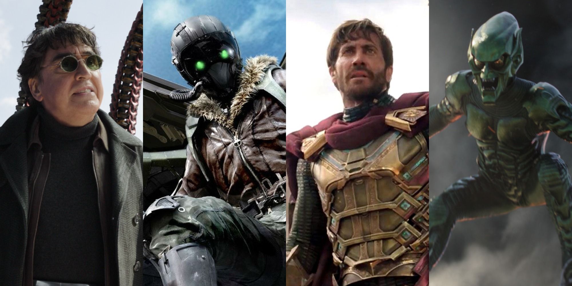 Split image of Doctor Octopus, Vulture, Mysterio and Green Goblin in the Spider-Man movies