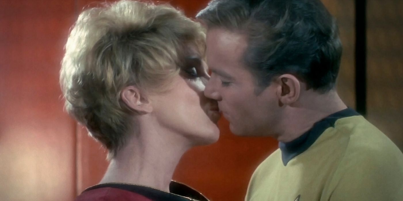 Kirk kisses Areel Shaw on Star Trek