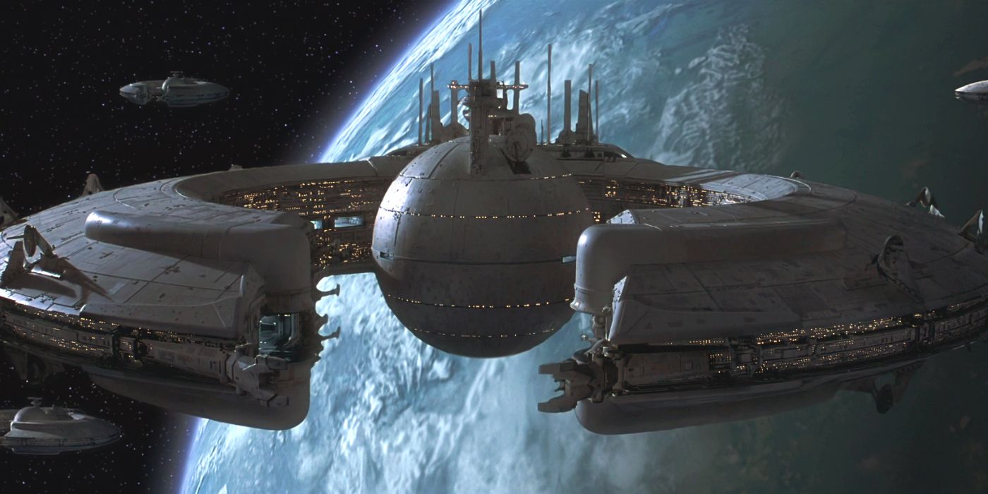 Star Wars Lucrehulk Droid Control Ship sits above Naboo during the blockade of the planet in The Phantom Menace