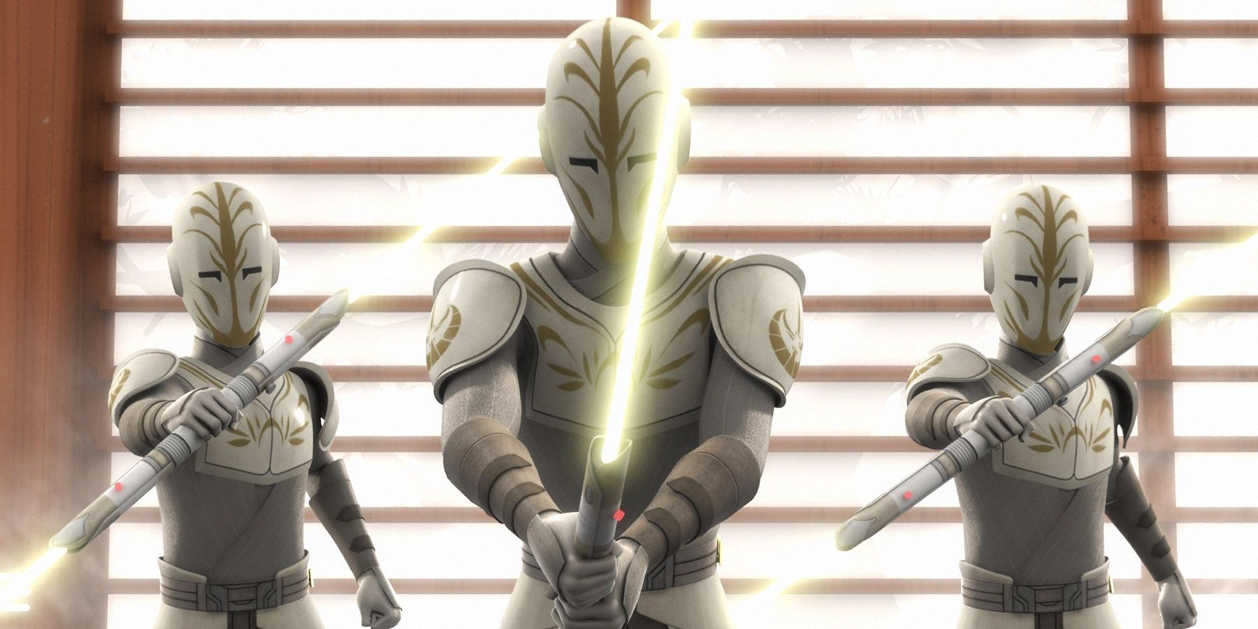 Guardas do Templo Jedi empunhando seus sabres de luz em Star Wars Rebels.