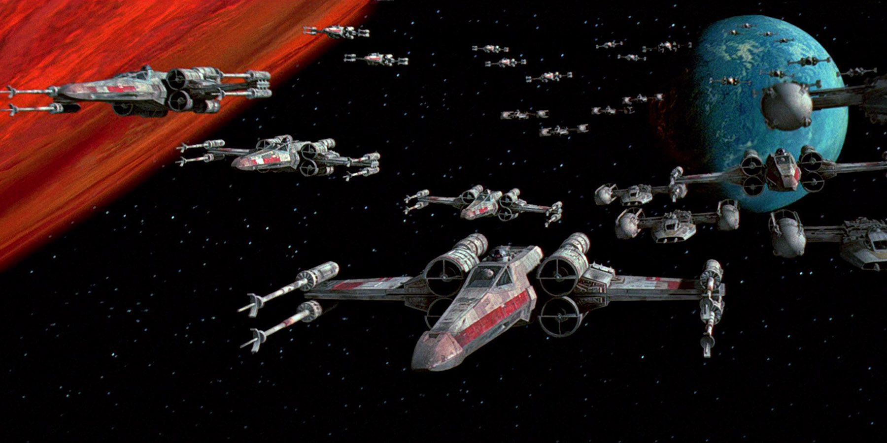 X-Wings head for the Death Star in Star Wars.