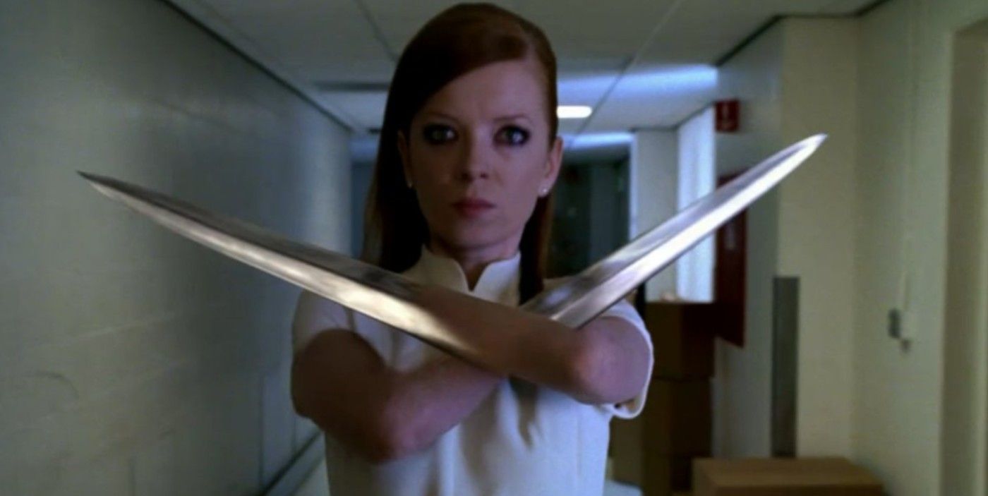 Shirley Manson as the T-1001 with sharp metallic arms in The Sarah Connor Chronicles