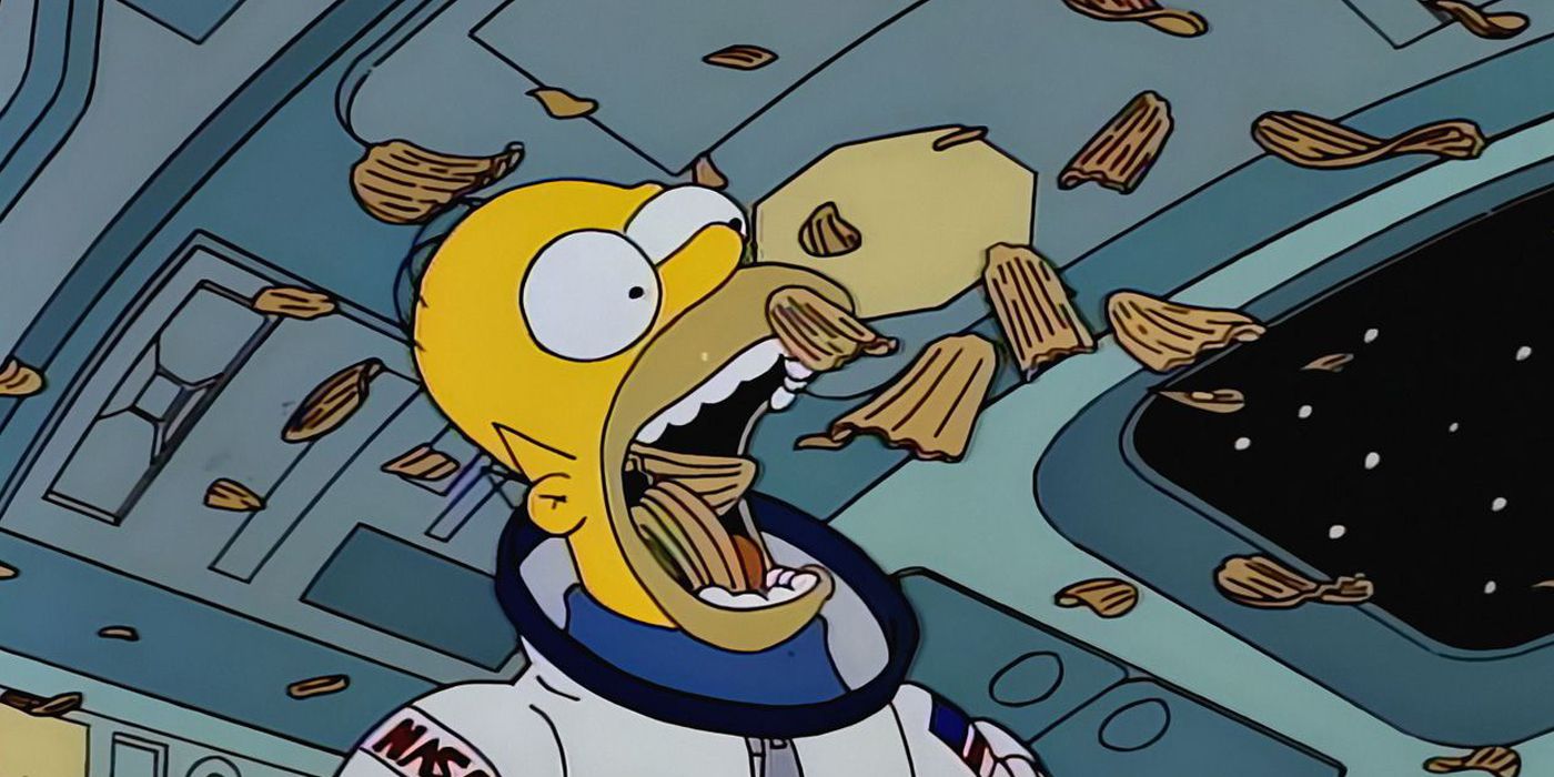 Homer eats potato chips while floating in space in The Simpsons.