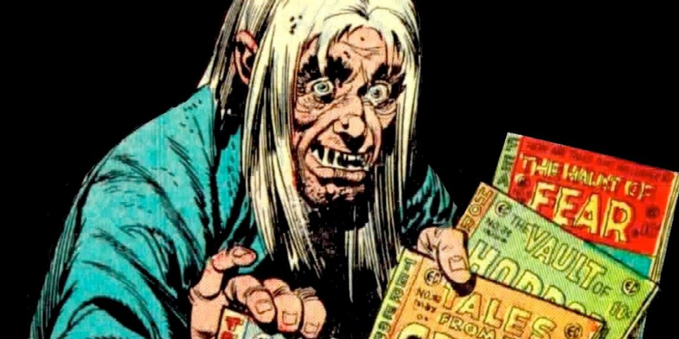 The Crypt Keeper holds several EC Comics 