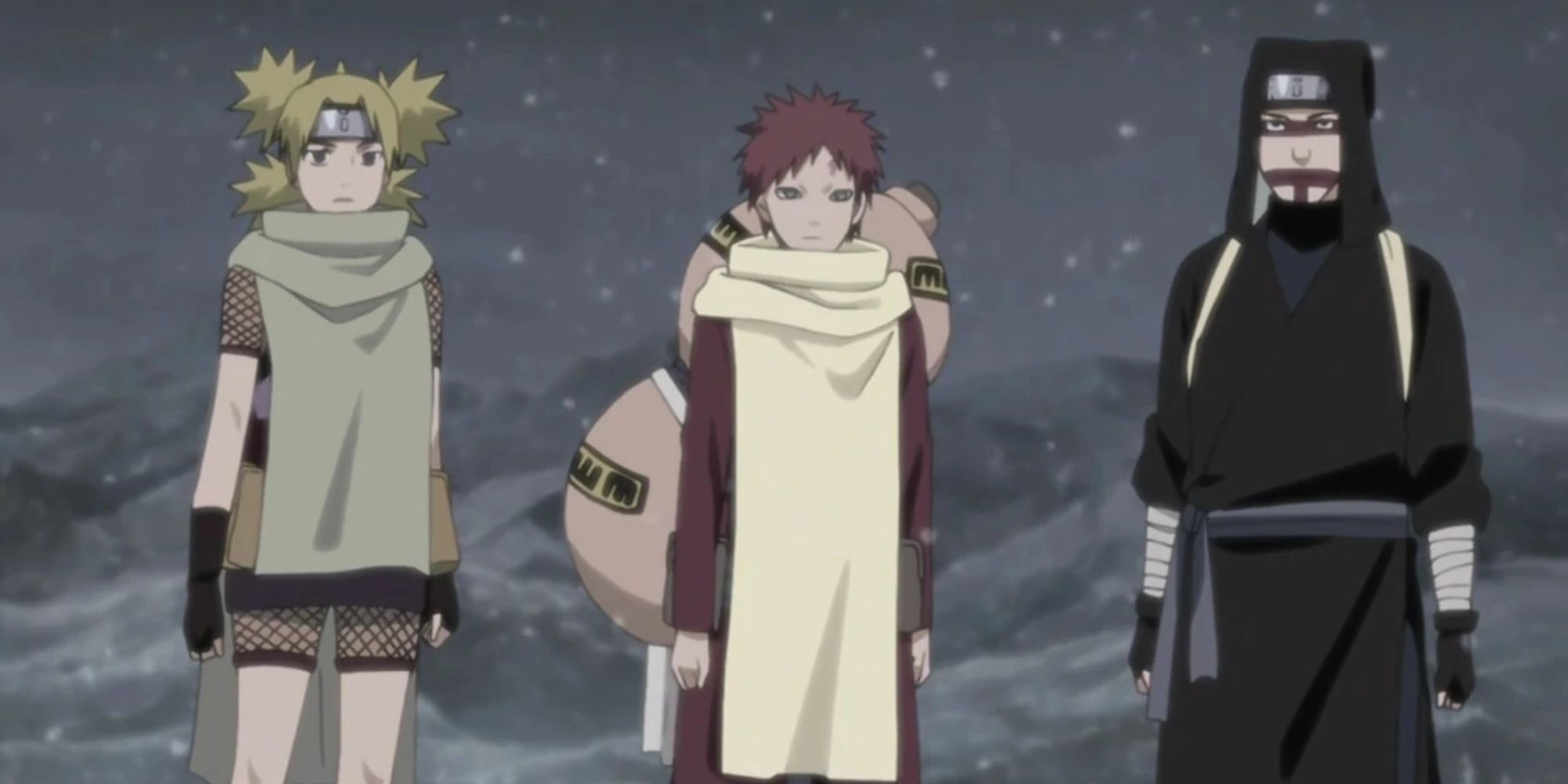 Temari, Gaara, and Kankuro stand together in Naruto