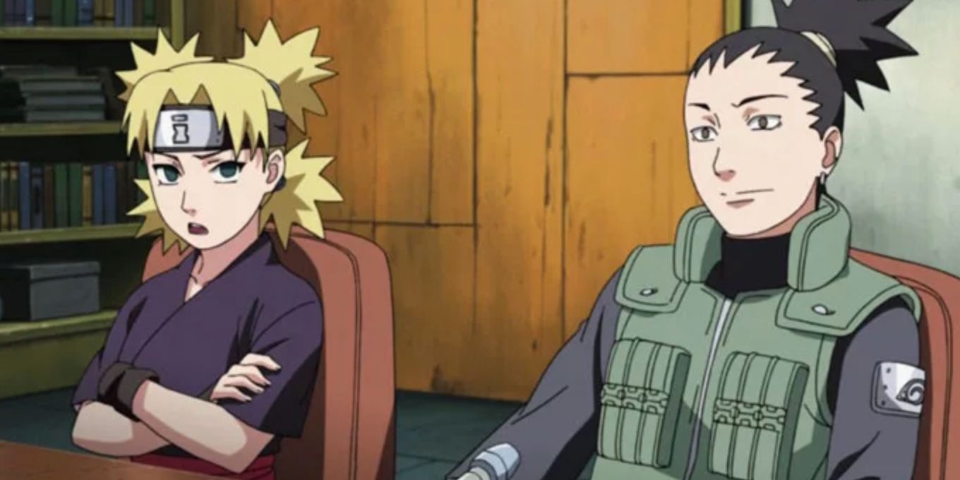 Temari e Shikamaru sentam-se juntos durante uma reunião com o Hokage