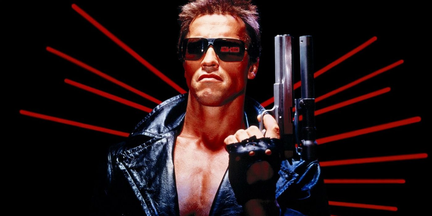Cropped artwork for The Terminator (1984) with Arnold Schwarzenegger's character holding up gun