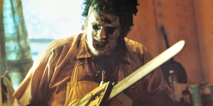 Gunnar Hansen as Leatherface wielding a chainsaw in Texas Chainsaw Massacre's Leatherface 1974