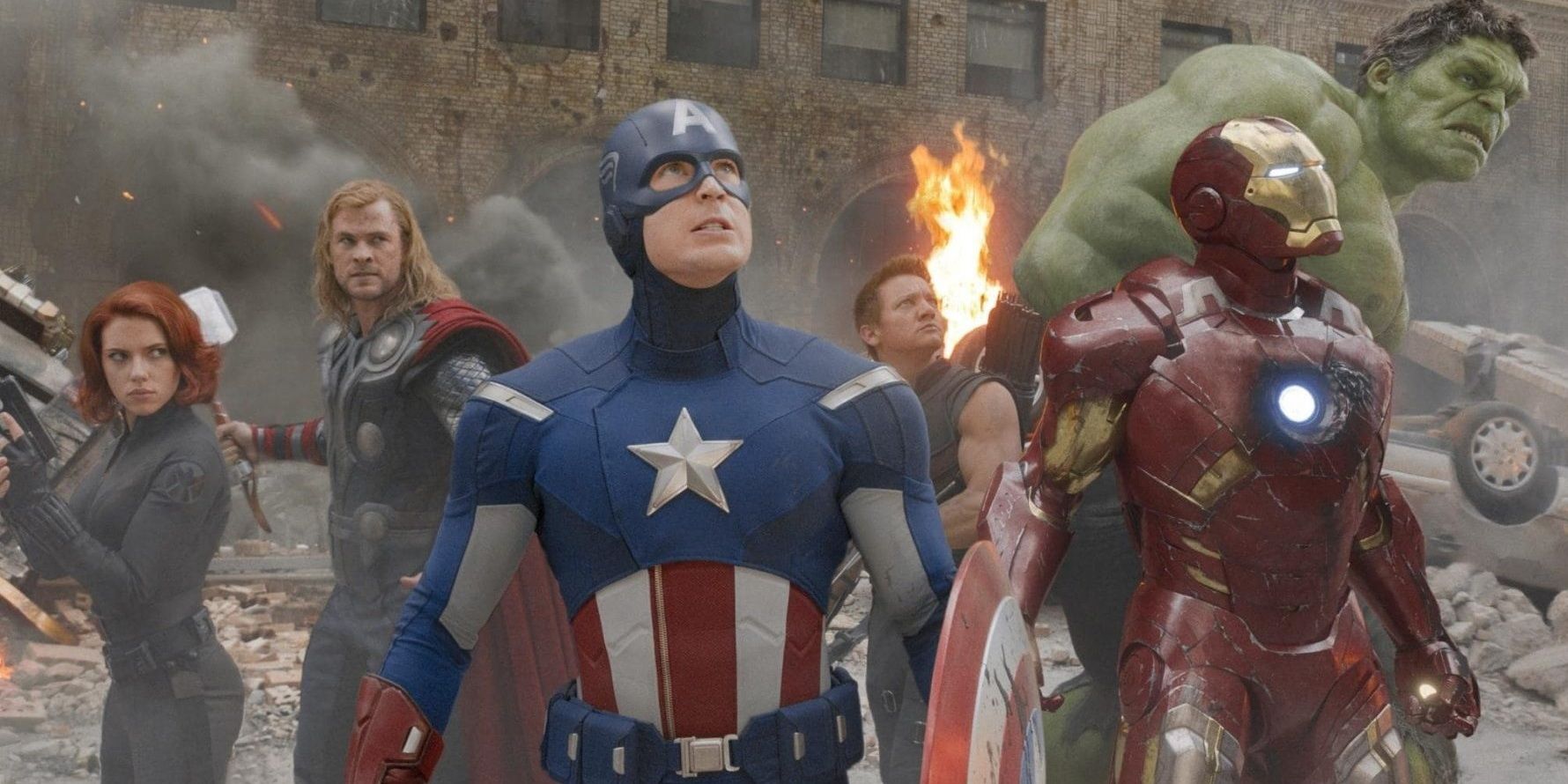 The Avengers assemble on a destroyed street from The Avengers 