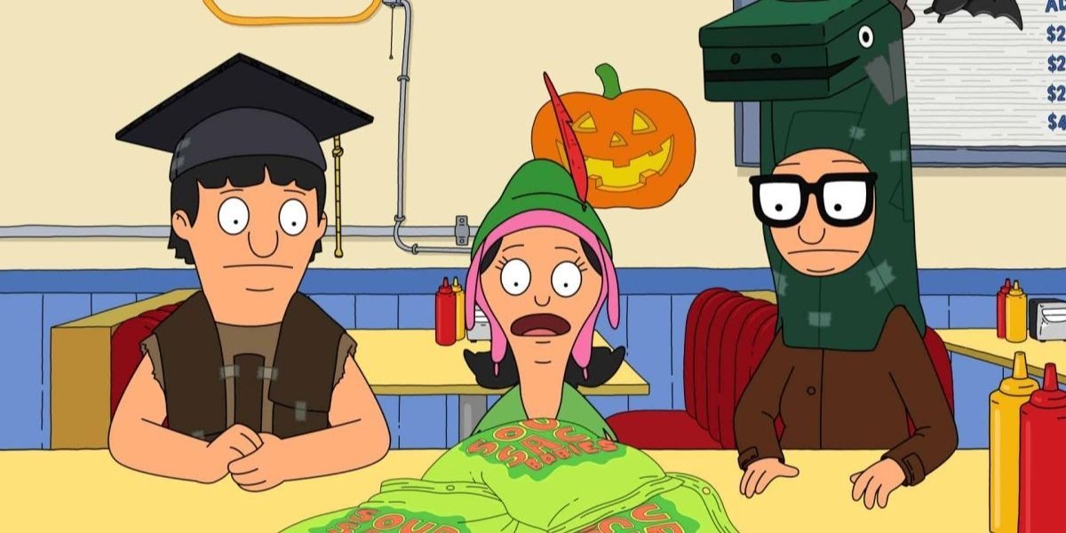 The Belcher kids in costume starring at a green pile of candy
