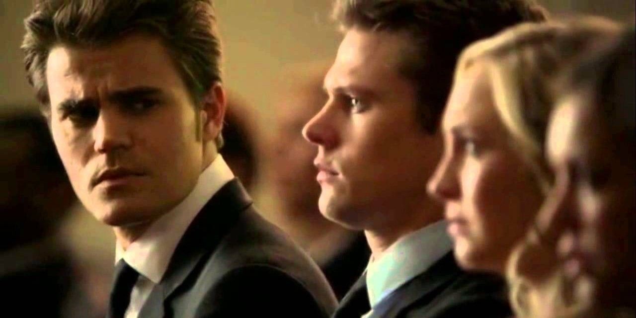 Stefan looking at Caroline at Liz's funeral in The Vampire Diaries