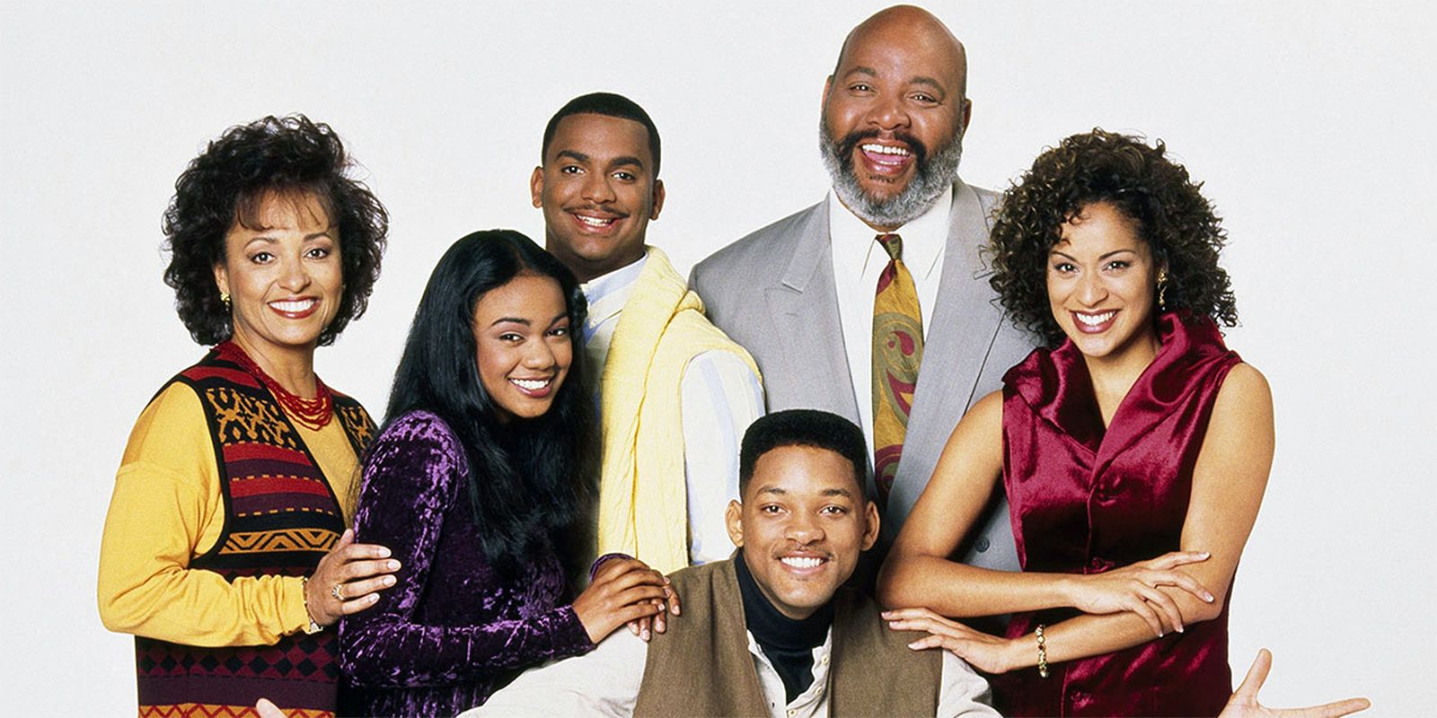 The cast of Fresh Prince of Bel-Air smiling