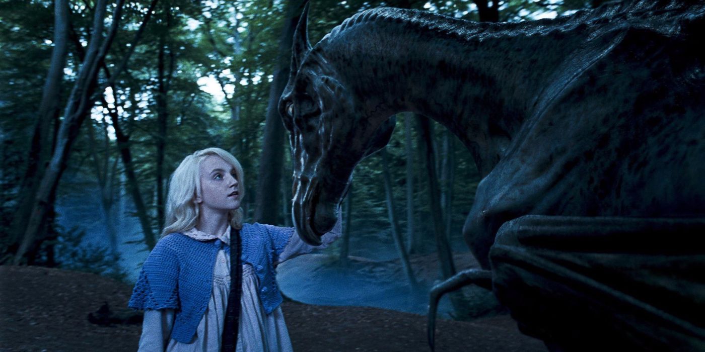 Luna petting a Thestral in Harry Potter