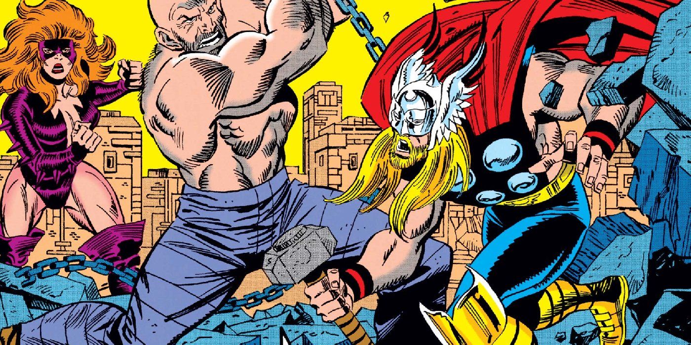 Thor fights Absorbing Man in Marvel Comics.