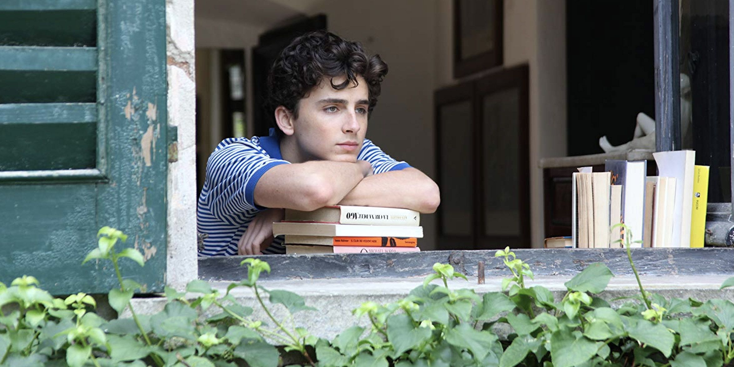 Elio rests on a stack of books at a window in Call Me by Your Name.