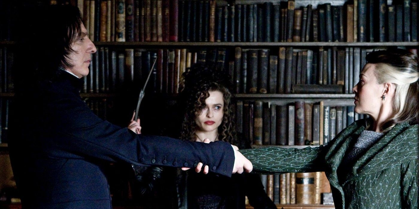 Bellatrix watches Snape and Narcissa make the Unbreakable Vow in Harry Potter.