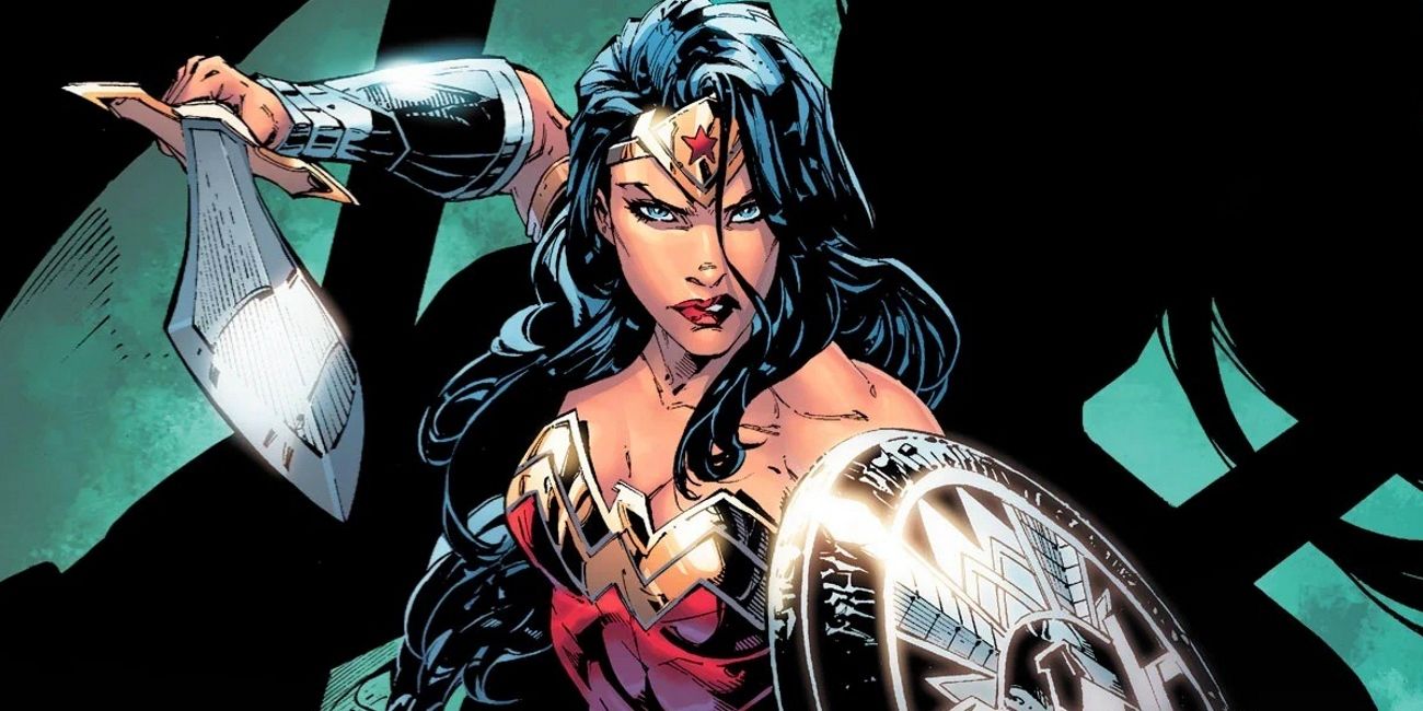 Wonder Woman Comic Cover with her wielding a Sword and Shield