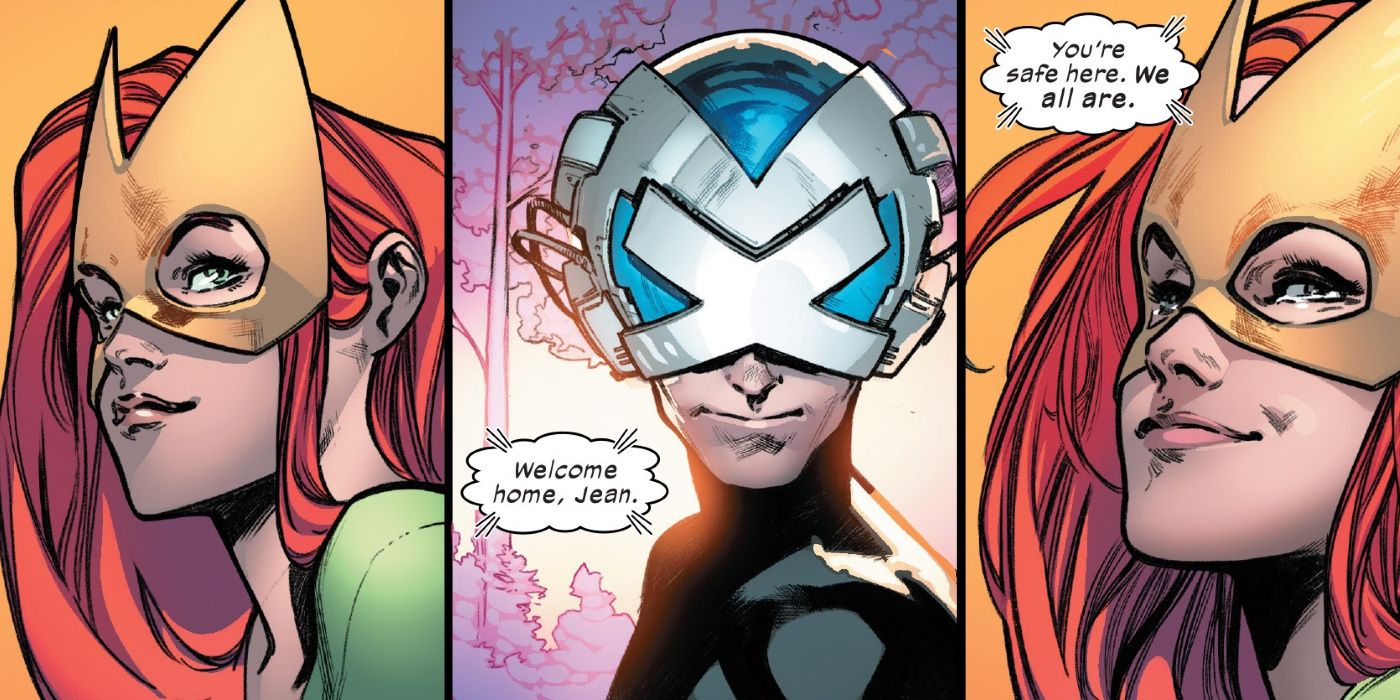 Three comic panels showing Jean Grey talking to Professor X with her mind in House of X comic..