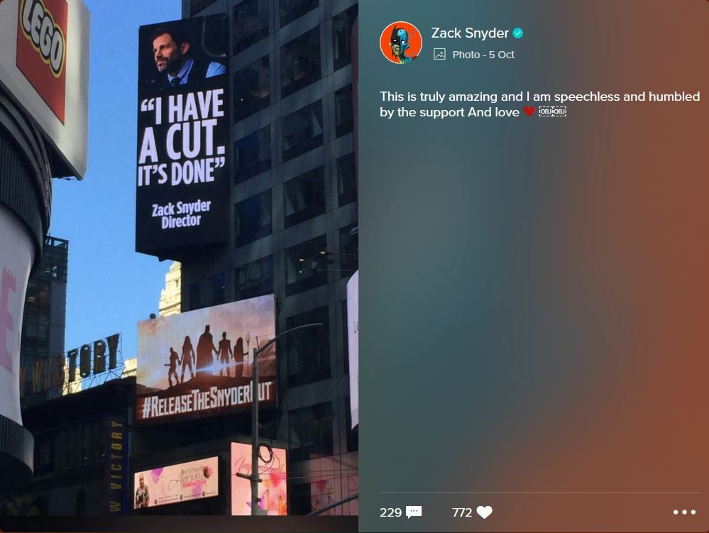 Zack Snyder Thanks Fans for Justice League Snyder Cut Billboard at NYCC
