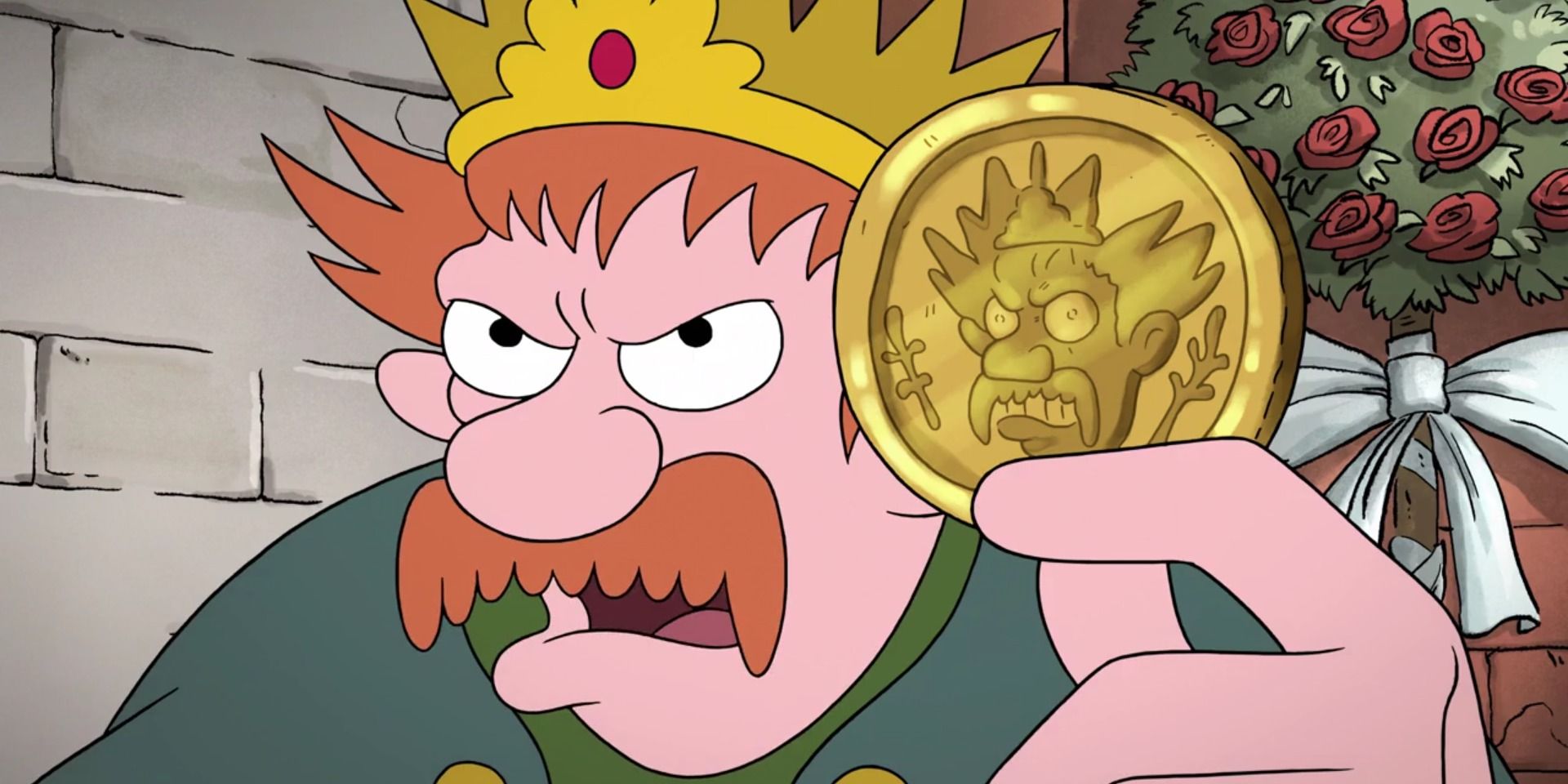King Zøg holds up a coin with his likeness on it in Disenchantment.