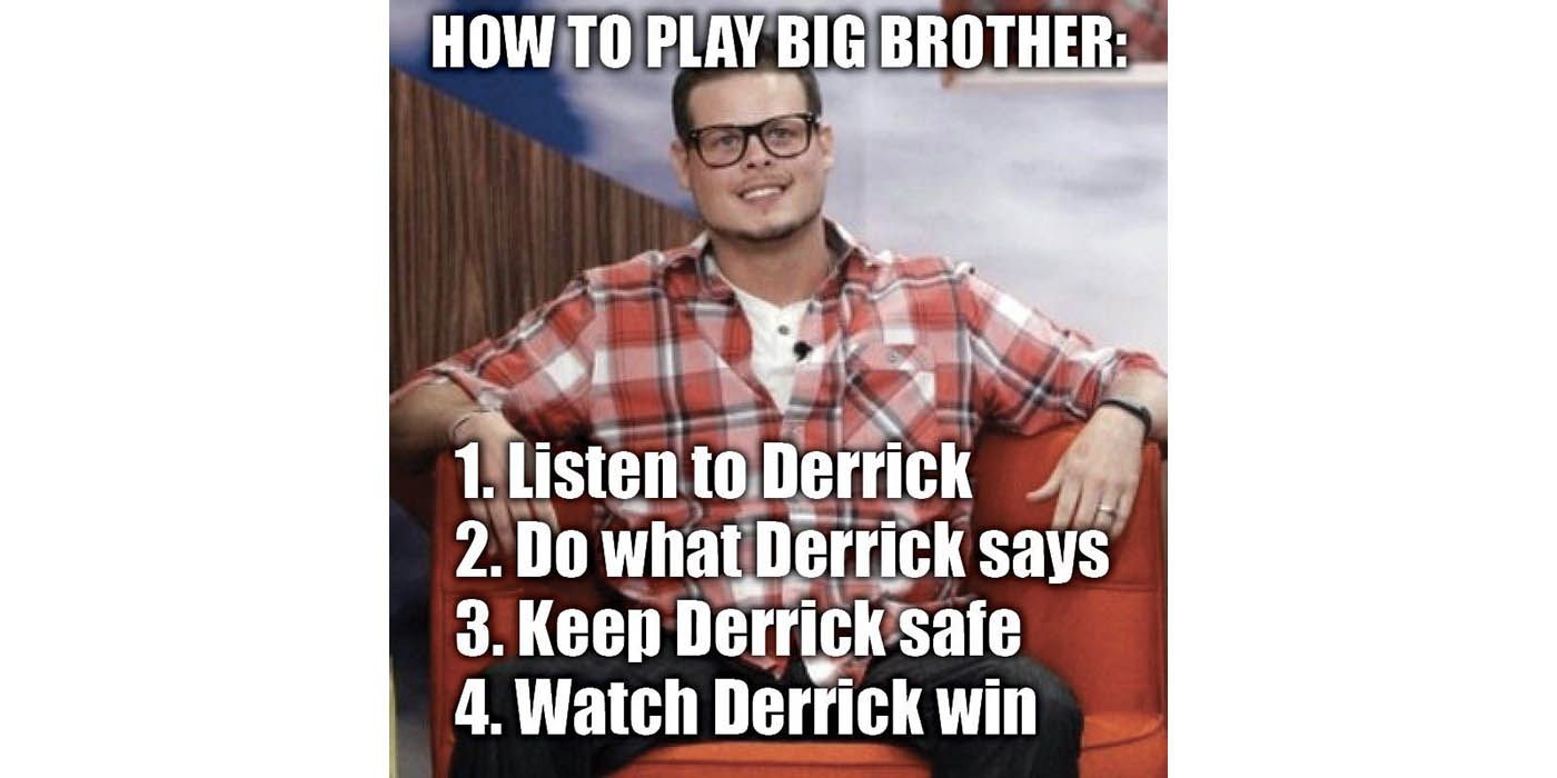 A meme depicting Derrick from Big Brother with tongue-in-cheek &quot;rules&quot; for playing the game