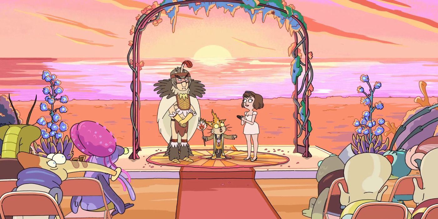 Birdperson se casando no altar no episódio Wedding Squanchers de Rick e Morty