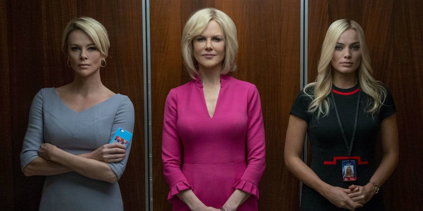 Margot Robbie, Charlize Theron and Nicole Kidman standing in an elevator in Bombshell