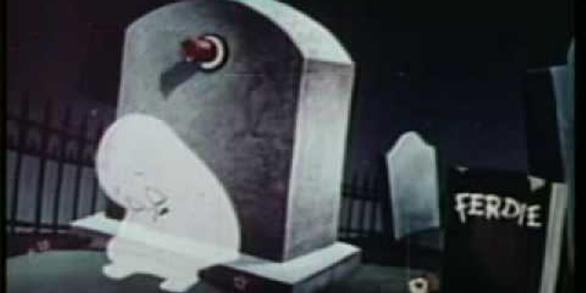 Casper the ghost crying at a grave in the cartoon from the '40s