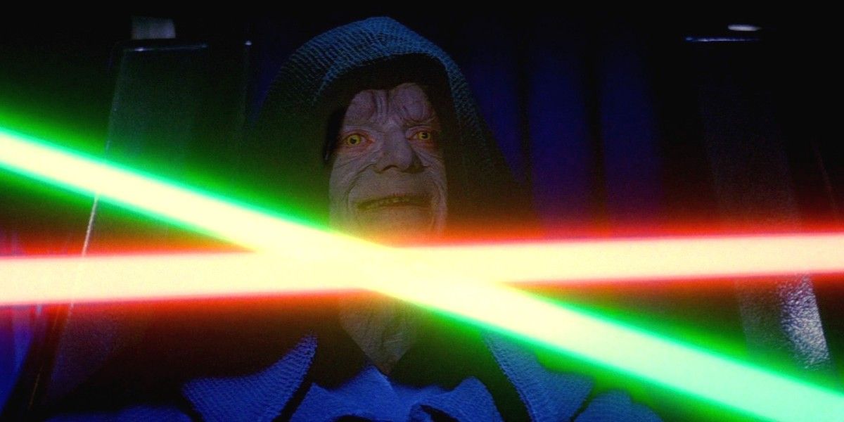The Emperor laughs as Darth Vader and Luke Skywalker fight in Star Wars Return of the Jedi.