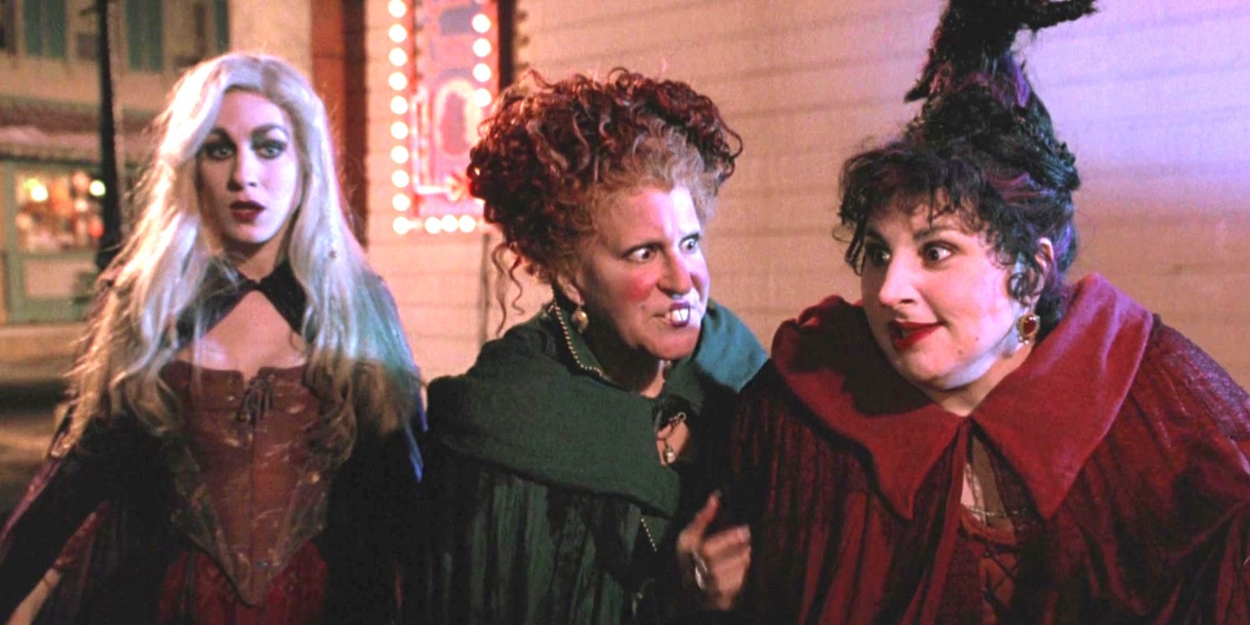 The Sanderson sisters roaming through the streets on Hocus Pocus