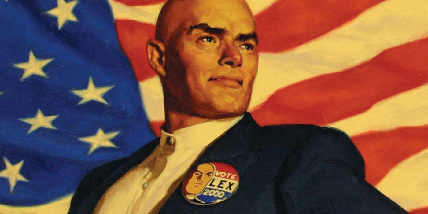 Lex Luthor poses in front of an American Flag. 