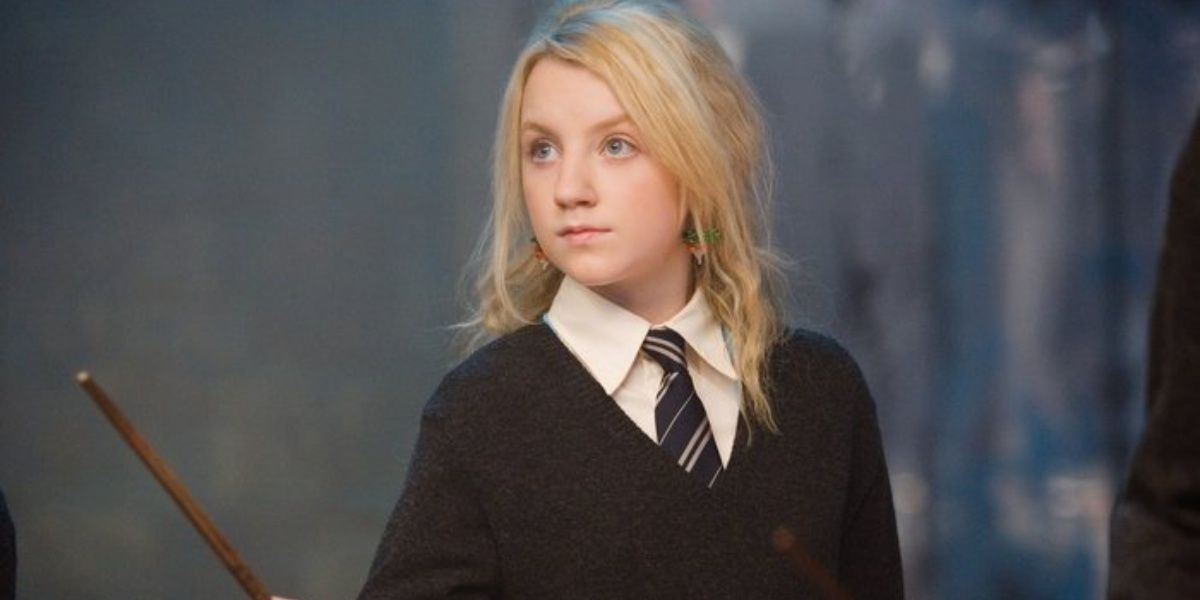 Luna Lovegood raising her wand in Harry Potter and the Order of the Phoenix.