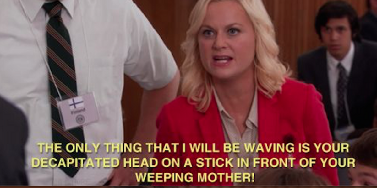 Leslie yells at a student during a Model UN meeting on Parks and Rec